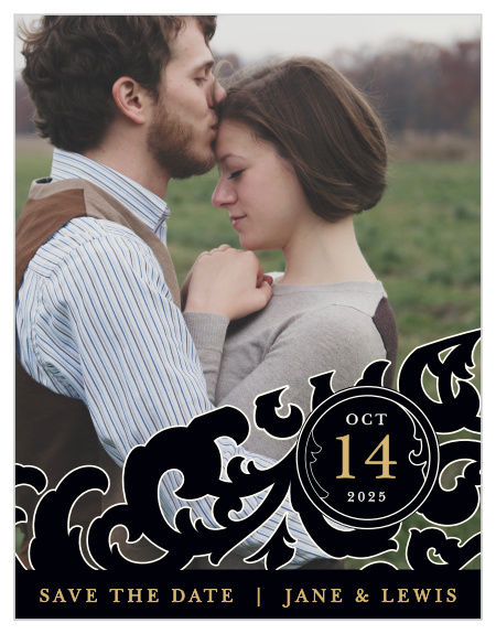 Give your guests the information they need in the style you love with our Ornate Love Save-the-Date Cards. Intricate patterns form an interlaced overlay on your favorite engagement photo, further topped with each of your wedding-day details in a mixture of shining gold-foil and subtle cream print for an undeniably elegant appearance.