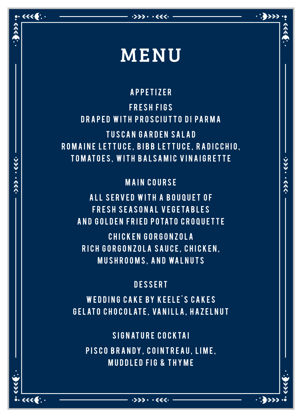 Home Heart Wedding Menus
