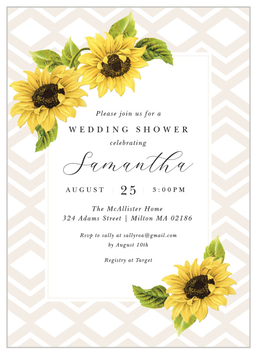 Gather your friends and family together for pre-wedding festivities with the chic look of our sunflower Chevron Bridal Shower Invitations.
