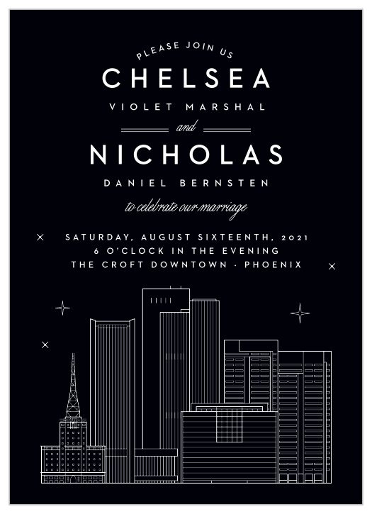 Our Phoenix Skyline Wedding Invitations help you share your wedding-day details with the breathtaking beauty of the big city’s lights.