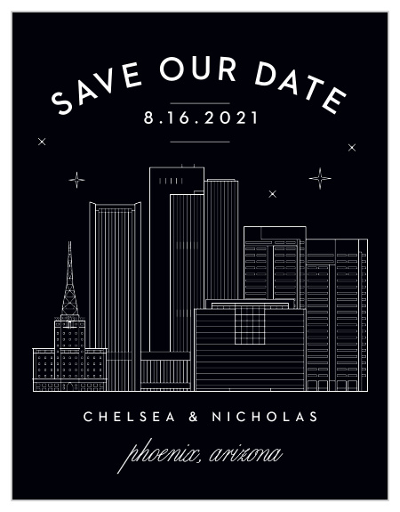 Ensure that your loving family and friends mark their calendars for your wedding with our beautifully illustrated Phoenix Skyline Save-the-Date Cards.
