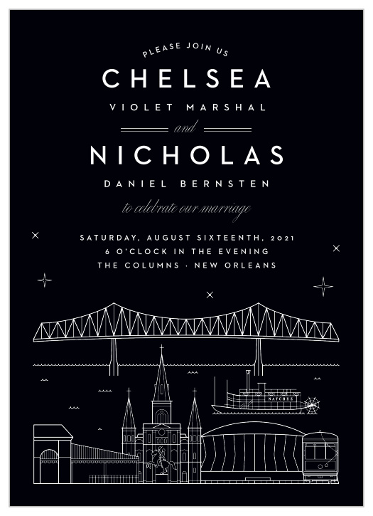 Celebrate your love in the city that means the most to you with our New Orleans Skyline Wedding Invitations! 