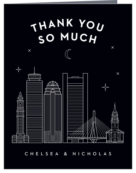 Your message of thanks is spelled out beautifully above the Boston city lights on our Boston Skyline Wedding Thank You Cards!
