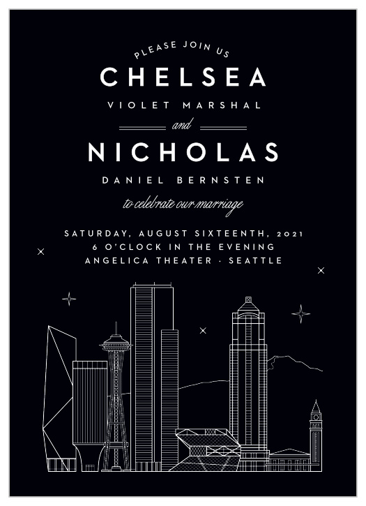 Our Seattle Skyline Wedding Invitations are the perfect way to share your wedding-day details with the breathtaking beauty of big city lights.