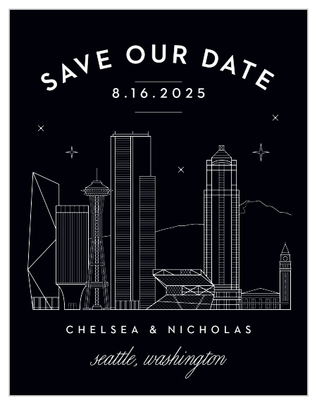 Give an unforgettable reminder with the Seattle Skyline Save-the-Date Cards! 