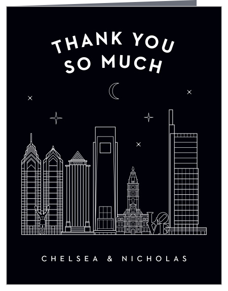 Your words of appreciation light up the night above the carefully outlined skyline of our Philly Skyline Wedding Thank You Cards.