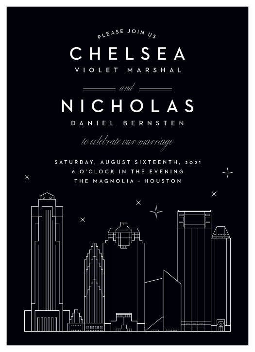 Our Houston Skyline Wedding Invitations lay out your wedding-day details in a stunning high-contrast design. 