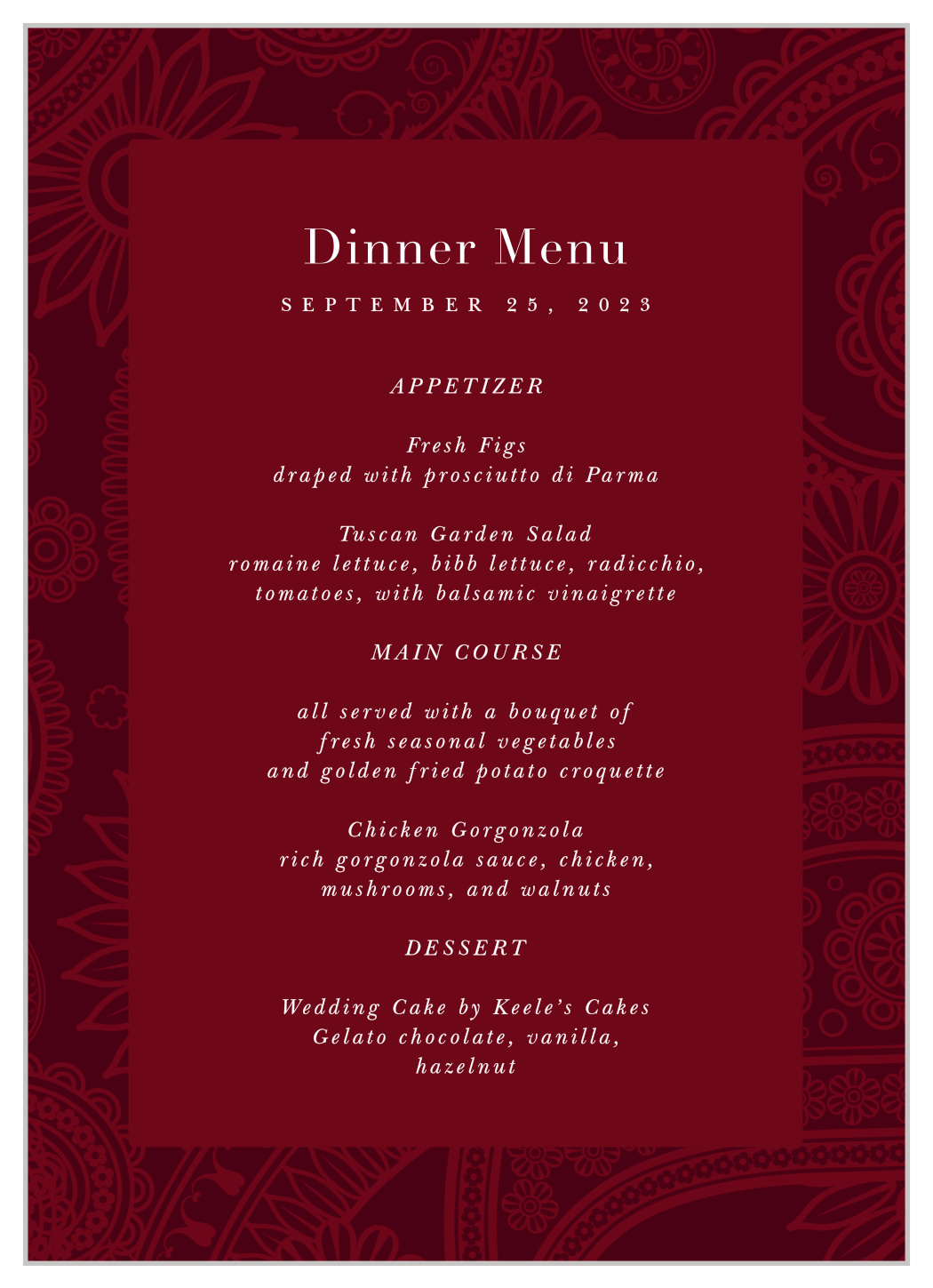Forever Paisley Wedding Menus