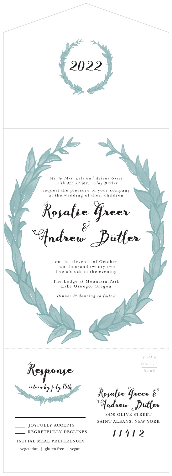 A bright white background sets the stage for a leafy wreath and a gorgeous, curling calligraphy to convey all the details of your wedding. 