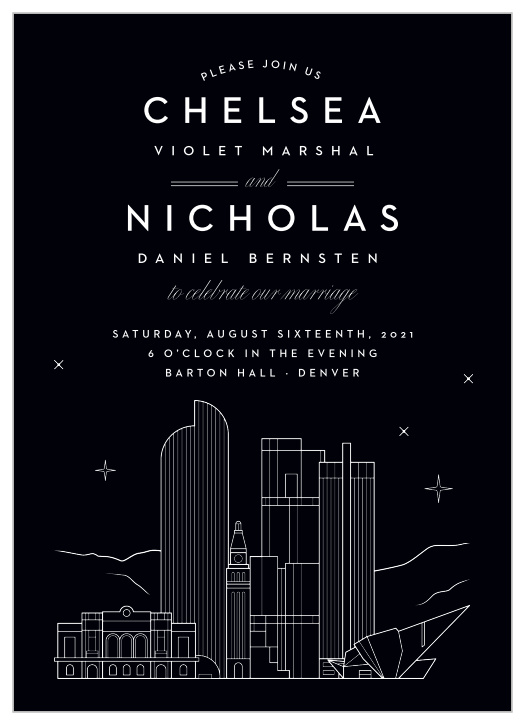 Our Denver Skyline Wedding Invitations help you share your wedding-day details with the breathtaking beauty of the big city’s lights.