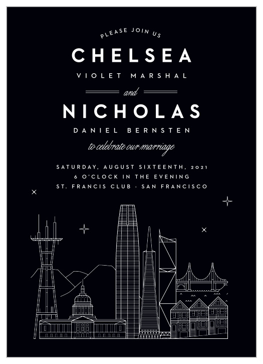 Gaze upon a dark and starry night lit up by the “San Francisco Skyline” with these Wedding Invitations from our new Skyline collection.