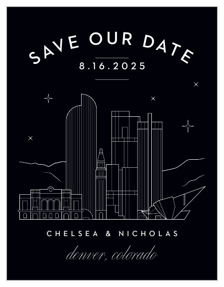 Ensure that your loving family and friends get their calendars marked off for your wedding with our beautifully illustrated Denver Skyline Save-the-Date Cards.