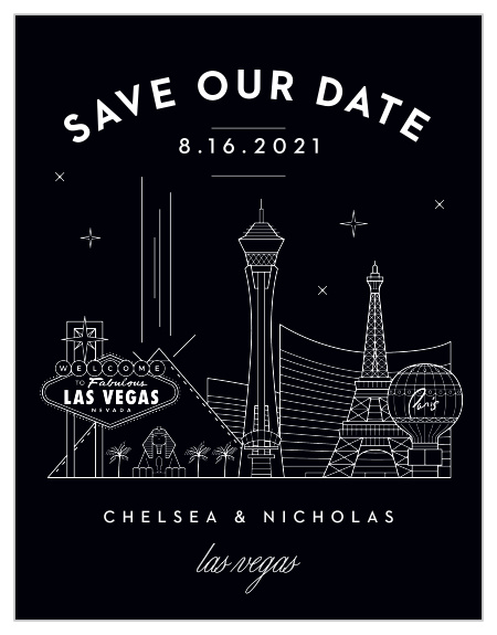 Our Las Vegas Skyline Save-the-Date Magnets feature the city's most prominent buildings, along with the notorious Welcome to Las Vegas sign.