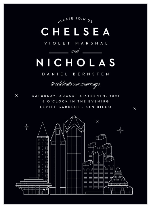 Invite the ones you cherish most to your big day with our San Diego Skyline Wedding Invitations. A combination of swirling calligraphy and striking typography in a white stand out stunningly against a black background, ensuring every line stands out in your guests' eyes. 