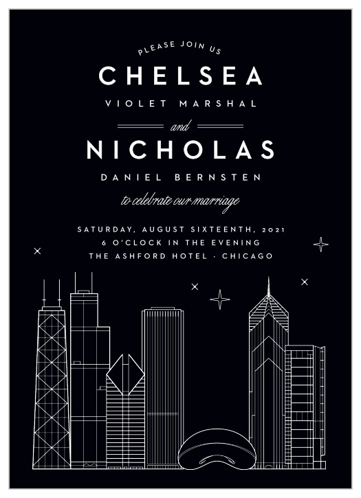 Our Chicago Skyline Wedding Invitations are perfect for laying out all of your wedding day details in a high-contrast design.