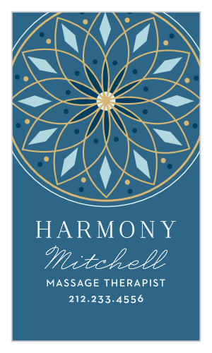 Our Harmony Spa Business Cards offer a peaceful, relaxing first impression of yourself and your business. Spell out your contact details in light-blue, accompanied by a mandala illustration above in the rolling blues of a cool ocean wave.