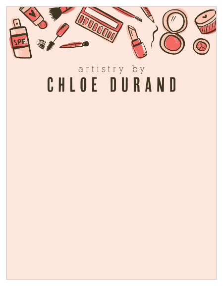 A colorful variety of makeup products is scattered atop our Doodled Cosmetics Business Stationery. 