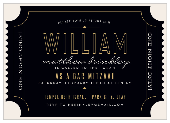 Make your celebration a show with our Movie Ticket Bar Mitzvah Invitations! 