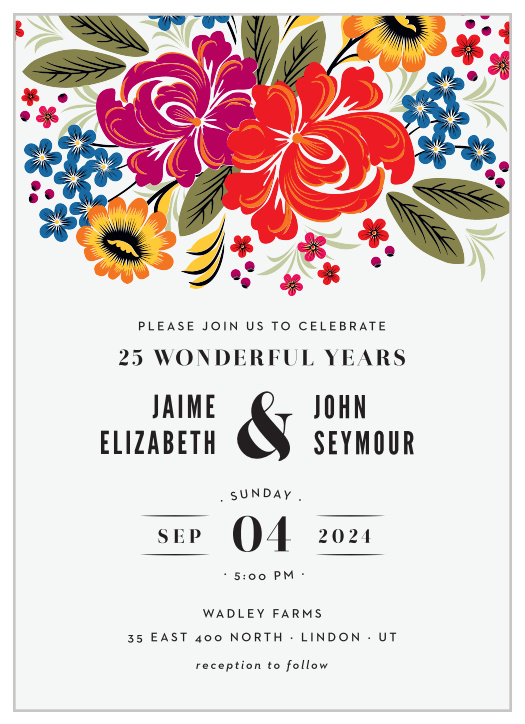 Let your guests know you want to celebrate the continuing love you and your partner share with our Spanish Bouquet Vow Renewal Invitations.