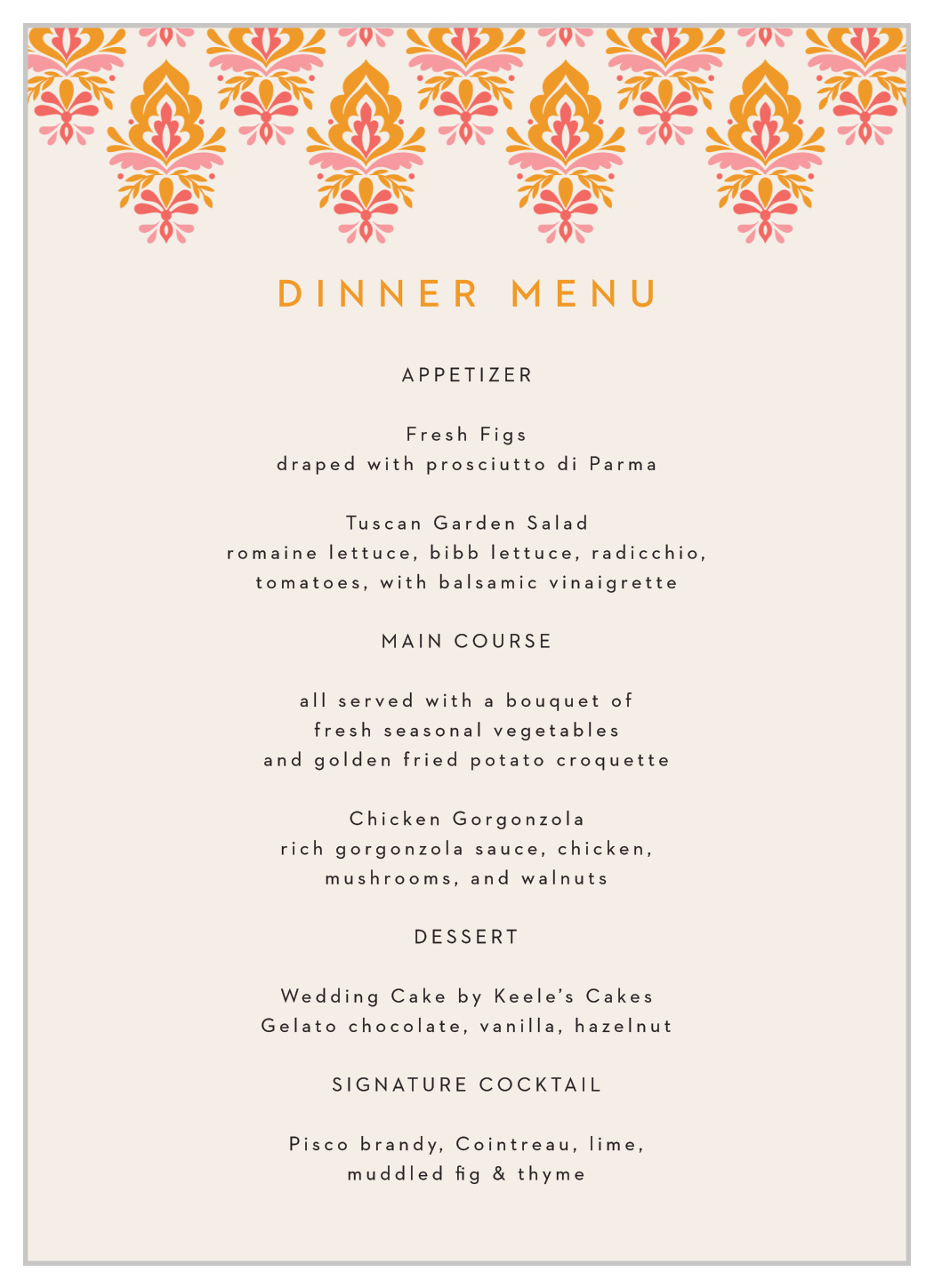 Damask Sides Wedding Menus