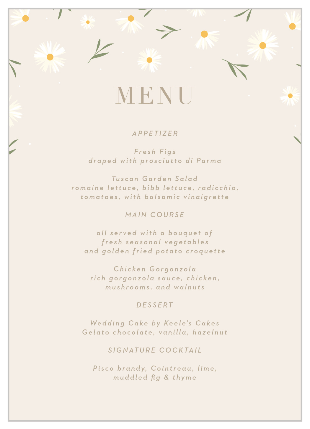 Falling Daisies Wedding Menus