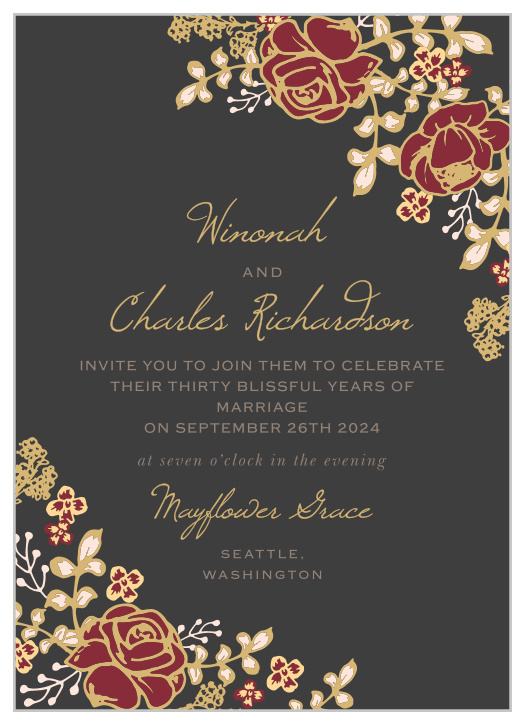 Elegant floral arrangements decorate the corners of our Ornate Floweret Vow Renewal Invitations.