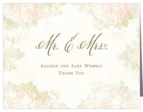 Keep your words of appreciation short, sweet, and backed by a faded floral mosaic on parchment paper with our Vintage Romance Vow Renewal Thank You Cards.
