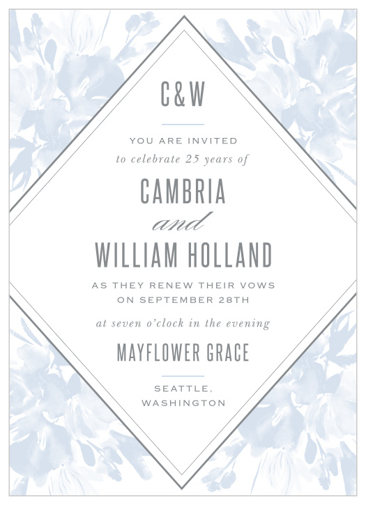 The Floral Subtlety Wedding Invitations have a bordered, diamond-shaped background overlaying soft blue, washed out blooms. 