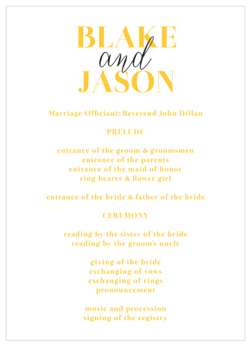 The white, yellow, and black color scheme of our Bold Day Wedding Programs creates a modern, funky vibe that is sure to keep your guests' attention! 