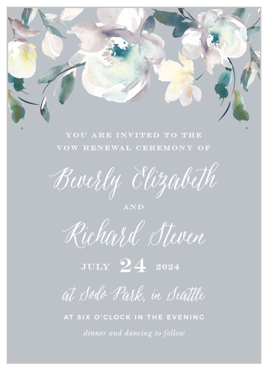 The Alluring Blooms Vow Renewal Invitations feature vintage, watercolored florals atop a beautiful moonstone background. 