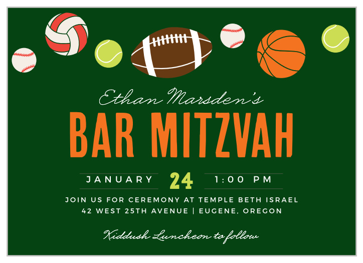 These fun Sports Frenzy Bar Mitzvah Invitations are perfect for your little sports lover!
