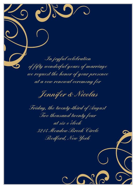 Lovely, lilting calligraphy fills the deep blue background of our Subtle Swirls Vow Renewal Invitations, spelling out every detail of your celebration in a combination of pseudo-gold ink and shining gold-foil.