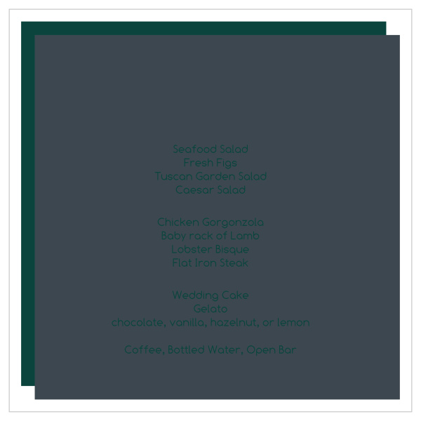 Our Perfect Ending wedding menu with its distinctive look matching the rest of the Perfect Ending invitation suite perfectly.