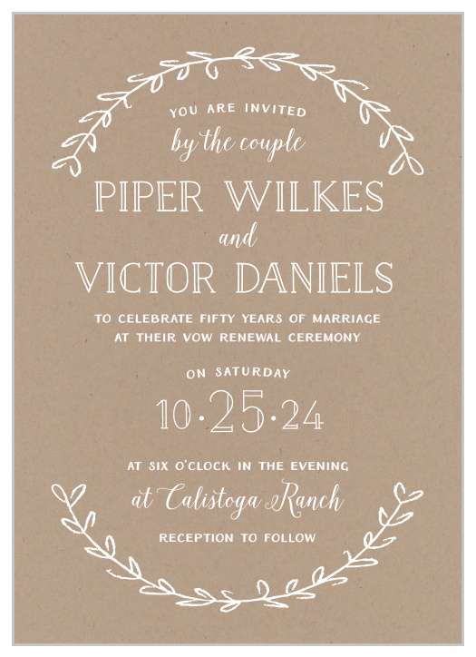 Simple laurels of leaves frame your text on the Rustic Love Vow Renewal Invitations.