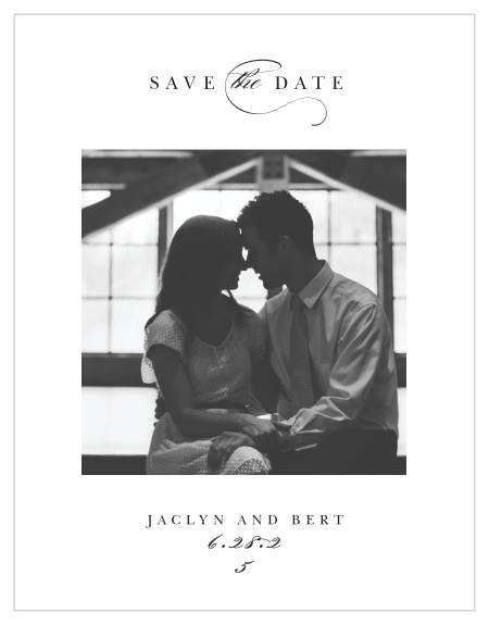A beautiful picture of the happy couple serves as the focal point of our Classic Photo Save-the-Date Magnets! 