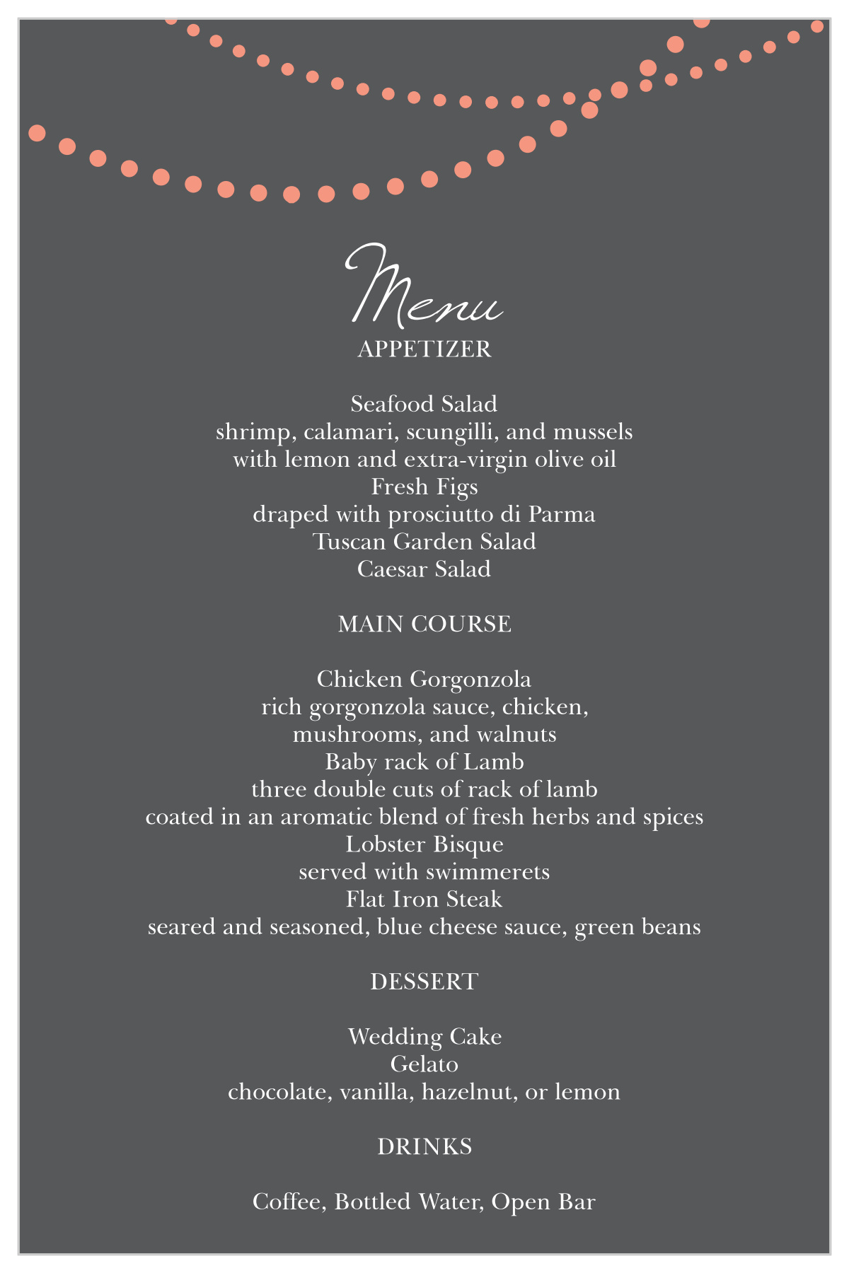 String Lights Wedding Menus