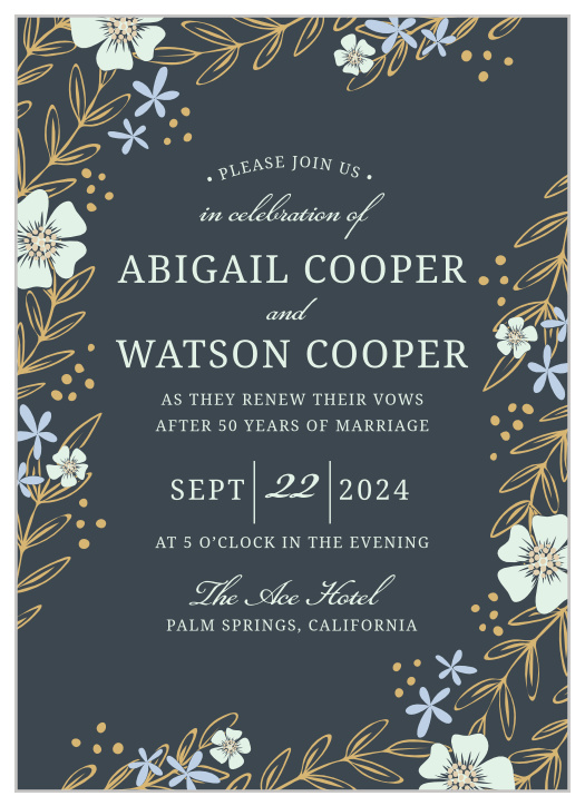 Whimsical flowers seem to sway in the wind on our Radiant Laurels Vow Renewal Invitations. 