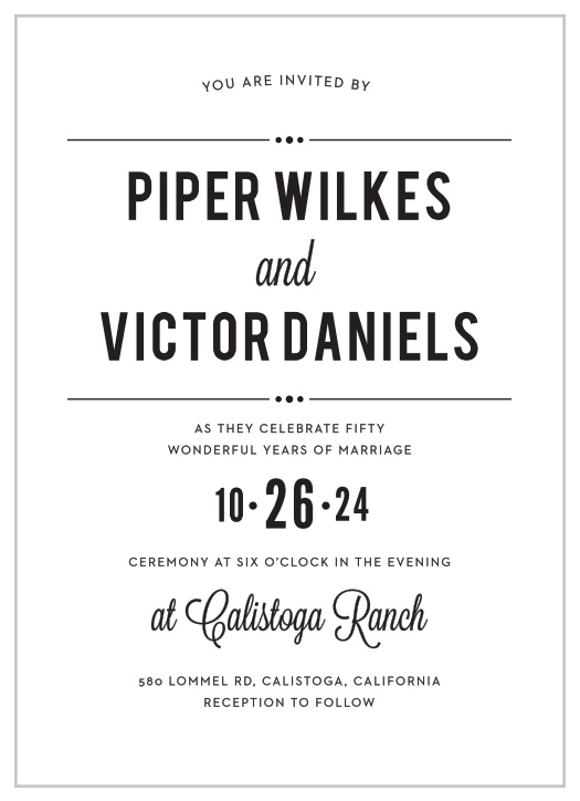 Describe every delightful detail of your celebration on our Modern Playbill Vow Renewal Invitations. A design that focuses on simplicity and high-contrast text ensures that your guests follow along easily with every piece of information, transitioning from neat typography to elegant calligraphy and back again with no trouble. 