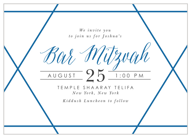 Request the presence of family and friends to your child's coming-of-age ceremony with our Navy Star Bar Mitzvah Invitations.