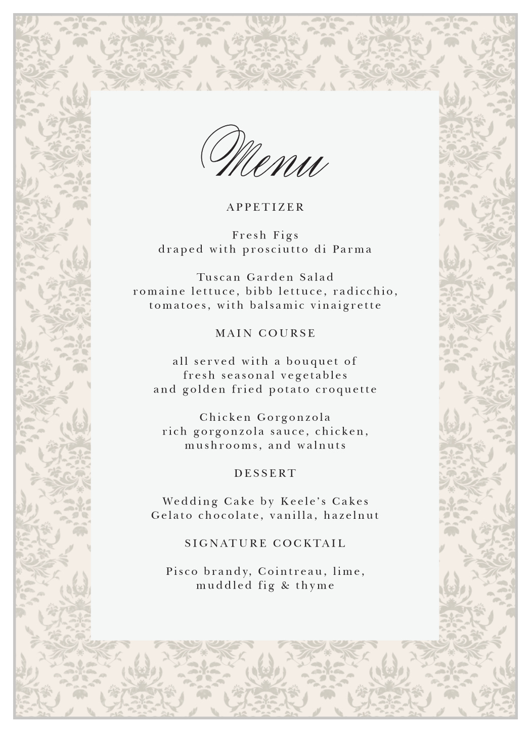 Damask Border Wedding Menus