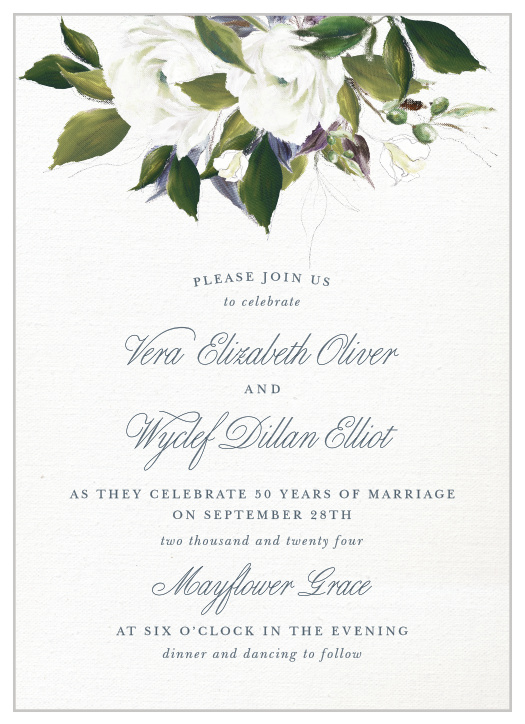 The Elegant Florals Vow Renewal Invitations are a vintage marvel, with a canvas background topped with painted blooms and elegant script. 