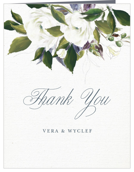 The Elegant Florals Vow Renewal Thank You Cards are a vintage marvel, with a canvas background topped with painted blooms and elegant script. 
