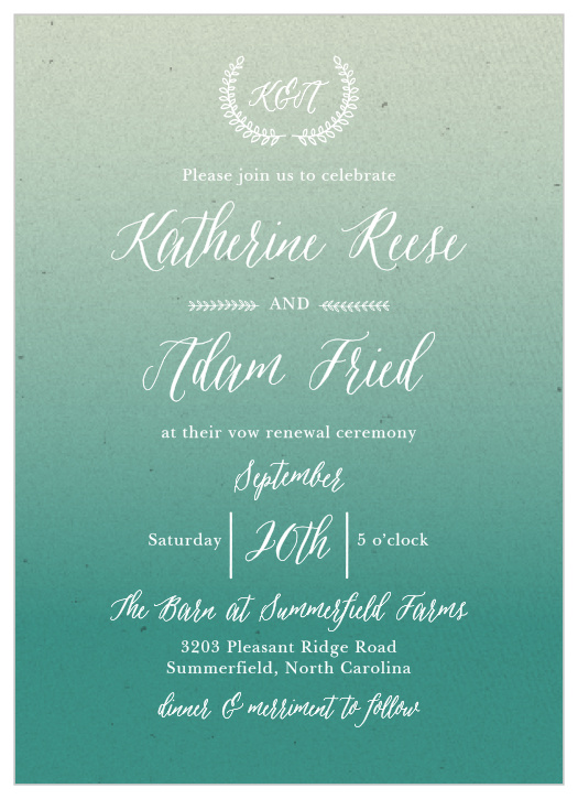 The gradient aqua colors on our Textured Ombre Vow Renewal Invitations create a relaxing, dreamy vibe that is perfect for your celebration.