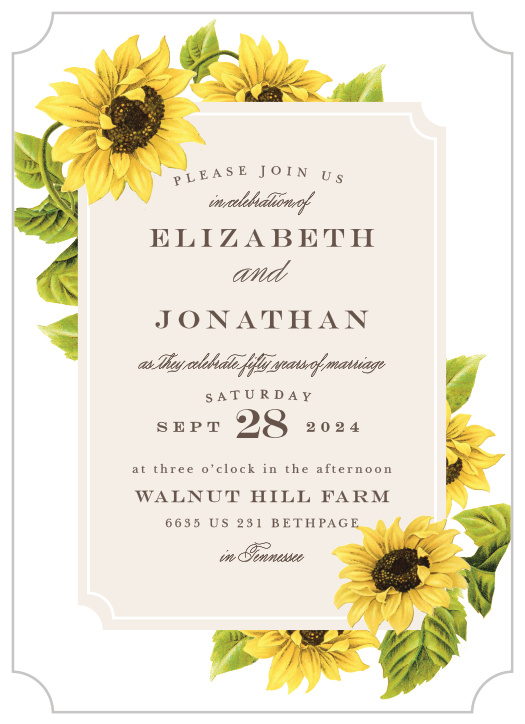Bright florals create a cheerful border on the Burgeoning Frame Vow Renewal Invitations! 