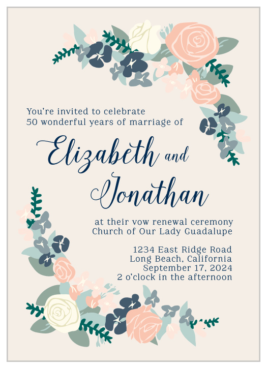 Ensure that your loved ones are by your side as you renew your wedding vows with our Rose Garlands Vow Renewal Invitations.