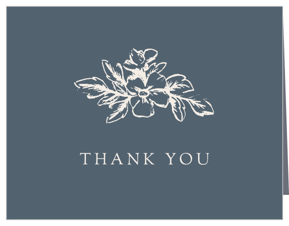 In a stunning inverse of the primary invitations, our Soft Floral Vow Renewal Thank You Cards feature this suite's distinctive blue as its background, instead utilizing the cream coloration for its text and floral outlines. 