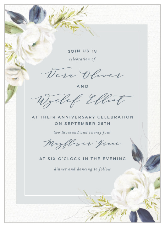 The Mural Florals Vow Renewal Invitations are a vintage marvel, with a canvas background topped with painted blooms and elegant script.