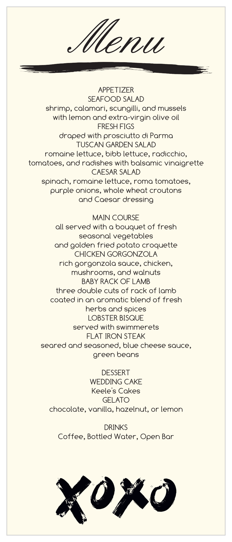 Hugs & Kisses Wedding Menus