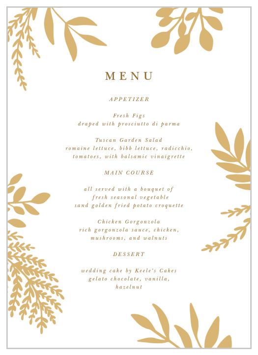 Present your event's meal on our stylish, glittering Autumn Leaves Wedding Menus!