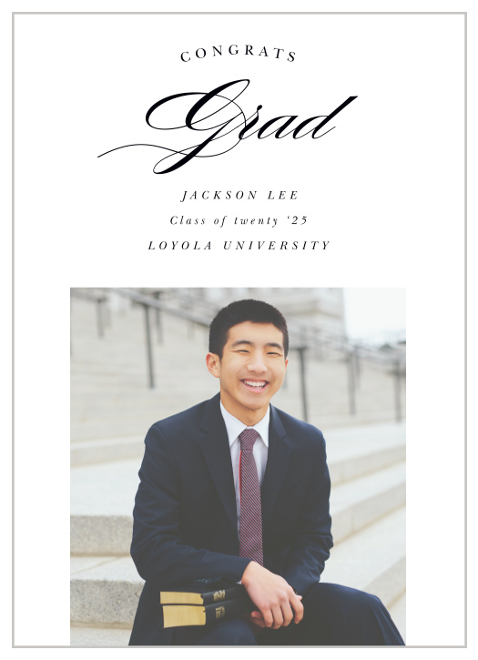 Broadcast your astounding achievement to your family and friends with our Classical Script Graduation Announcement. 